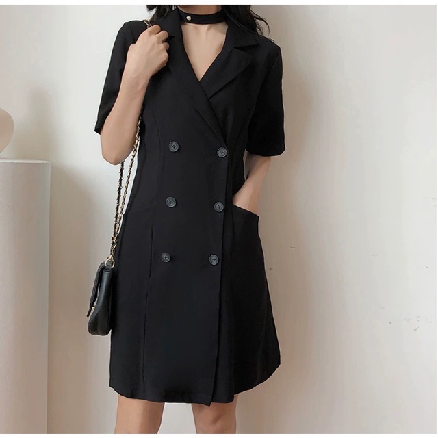 Bigsize M-4XL - kèm chocker - Đầm cổ vest dáng suông 6 cúc, có túi công sở, thanh lịch