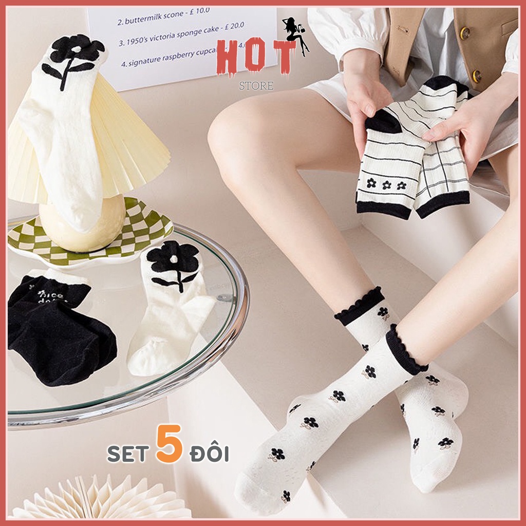 Tất Nữ Cổ Cao Vớ Dài Trắng Họa Tiết Vintage Vải Dày Thời Trang Hàn Quốc Set 5 Đôi Kèm Túi Đựng - Hot Store