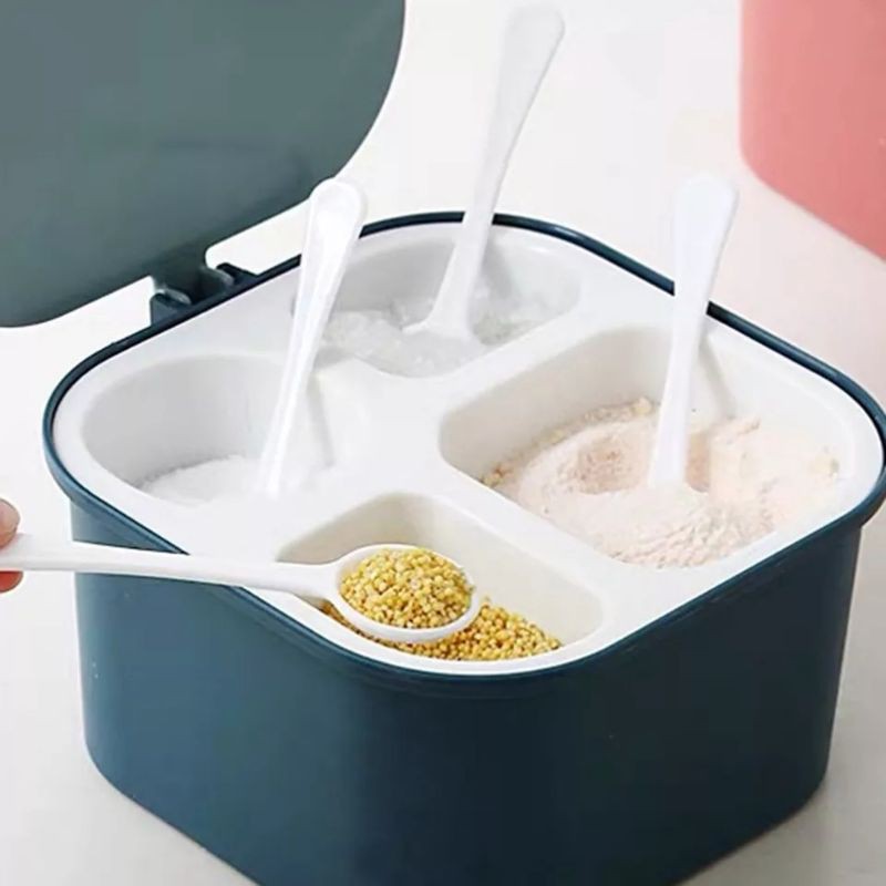 Hộp Đựng Gia Vị 4 Ngăn Đựng Muối Đường Hạt Nêm Kèm Muỗng Vệ Sinh Tiện Lợi