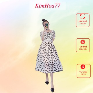 Váy maxi đi biển freesize chất voan chấm bi tay ngắn kimhoa77