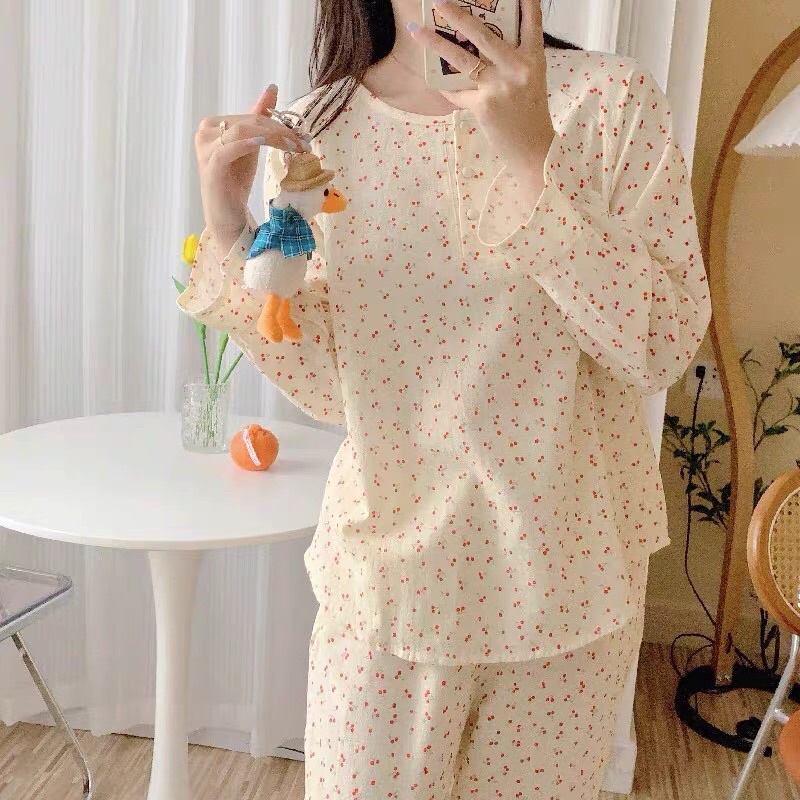 Bộ ngủ dài tay tiểu thư hoạ tiết cherry cotton gai | BigBuy360 - bigbuy360.vn
