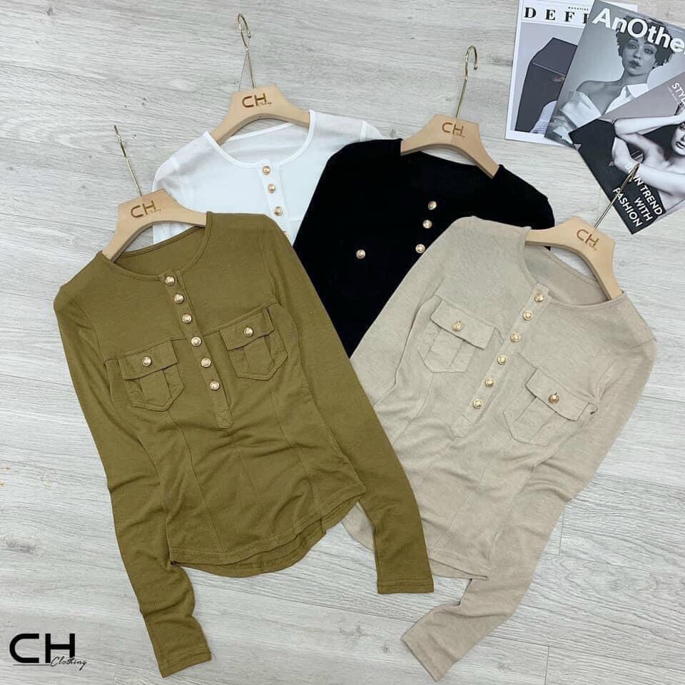 Áo len đính cúc 2 túi trước hàng quảng châu