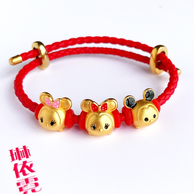 Vòng Tay Chuỗi Hạt Màu Đỏ Mạ Vàng Hình Chuột Mickey Xiaomi Ninnie diy