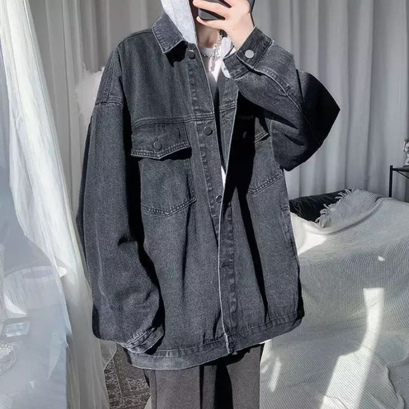 Áo Khoác Jeans Nam Nữ Denim Jacket Hàn Quốc phối nón màu xanh và đen