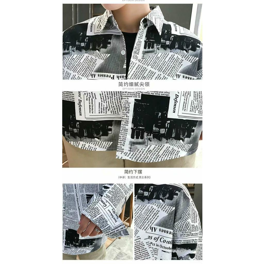 Áo Sơ Mi Nam Tay Dài In Họa Tiết Tờ Báo S-2Xl Phong Cách Hàn Quốc