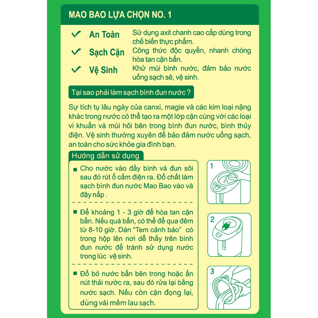 Chất Tẩy Cặn Làm Sạch Bình Đun Nước Mao Bao 25g x 2 gói tẩy cặn canxi, cặn bẩn, khử mùi bình nước, an toàn sức khỏe