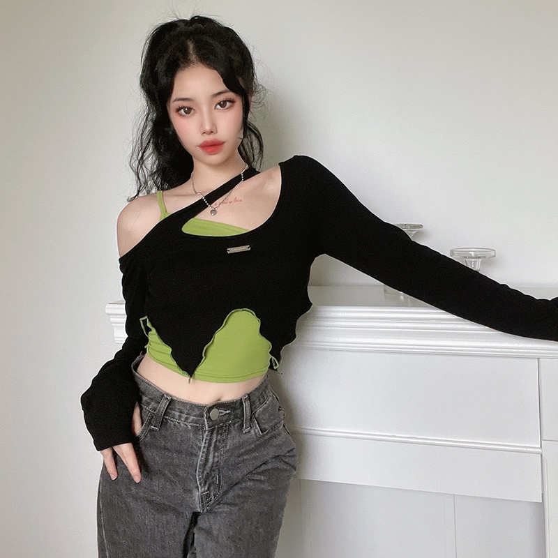 Set áo thun tay dài trễ vai phối áo hai dây độc đáo cá tính thời trang mùa thu cho nữ