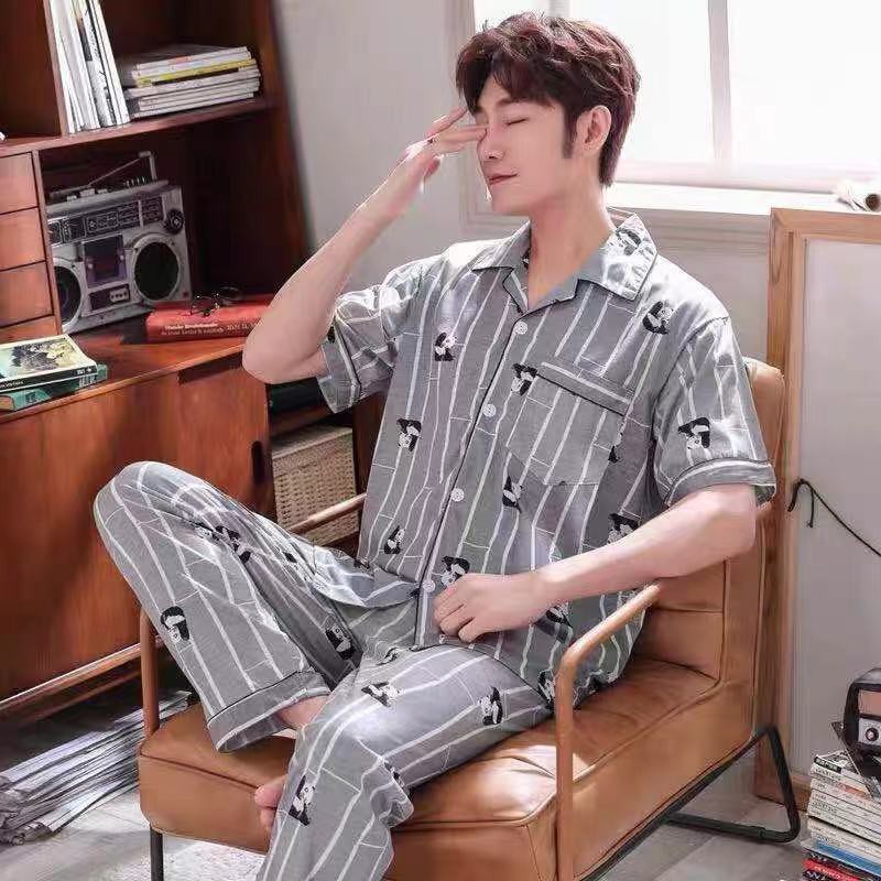 Bộ đồ ngủ nam kẻ sọc ngắn tay hoạt hình bằng vải cotton phục vụ tại nhà | BigBuy360 - bigbuy360.vn