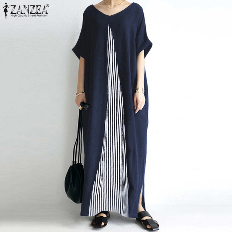 Đầm maxi Zanzea bằng cotton tay ngắn cổ tròn in họa tiết kẻ sọc thời trang Hàn Quốc sành điệu cho nữ