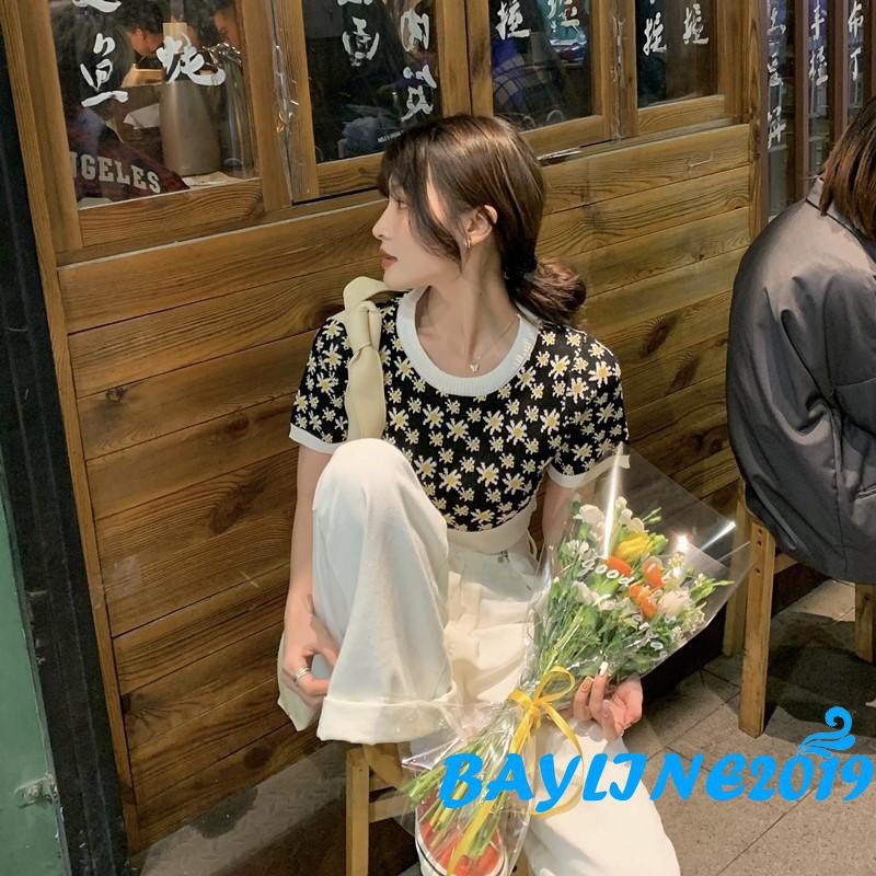 Áo Dệt Kim Tay Phồng Cổ Tròn In Họa Tiết Hoa Cúc Sáng Tạo Thời Trang Mùa Hè Cho Nữ