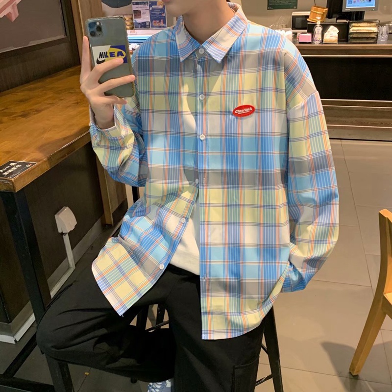 Áo khoác sơ mi caro tay dài phong cách Nhật Bản thời trang xuân thu cho nam 2021