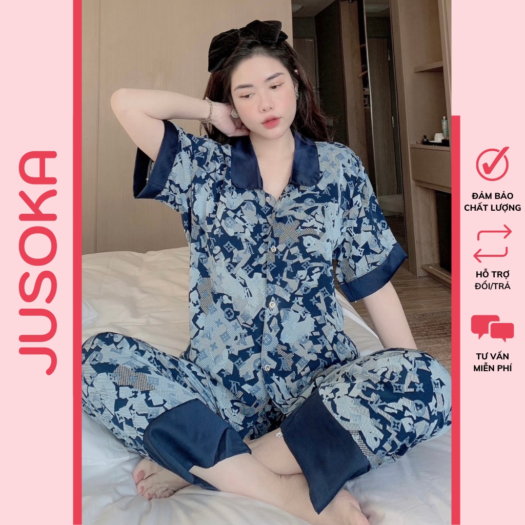 Đồ bộ nữ lụa ngủ mặc nhà pijama tiểu thư tay ngắn quần dài cổ sen dễ thương JUSOKA