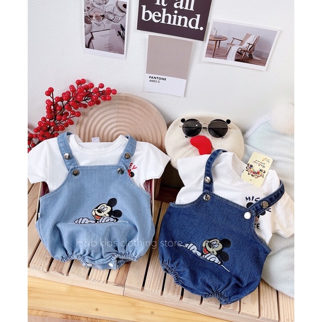 Set Yếm Mickey Body Jean Bò Kèm Áo Cotton Bé Trai Bé Gái Diện Kute Size 5-15kg TB28