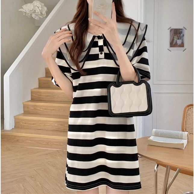 Đầm SUXI ngắn tay dáng rộng họa tiết kẻ sọc thời trang mùa hè cho nữ