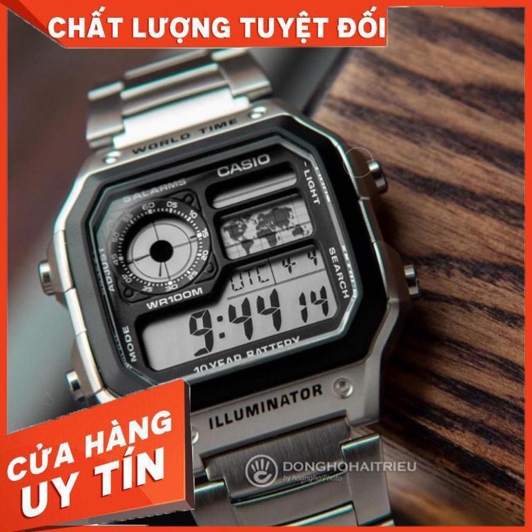 HÀNG CAO CẤP -  [HOT 2021]Đồng hồ nam Casio AE 1200-WHD classic chống nước , dây thép không gỉ (dây bạc mặt đen)-FULL BO