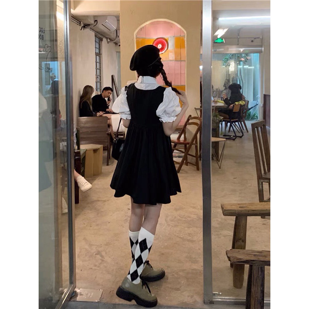 💃 Đầm Yếm Nữ Đen Phối Màu Chất Đũi Váy Yếm Nữ Ngắn Tay Dáng Lửng | BigBuy360 - bigbuy360.vn