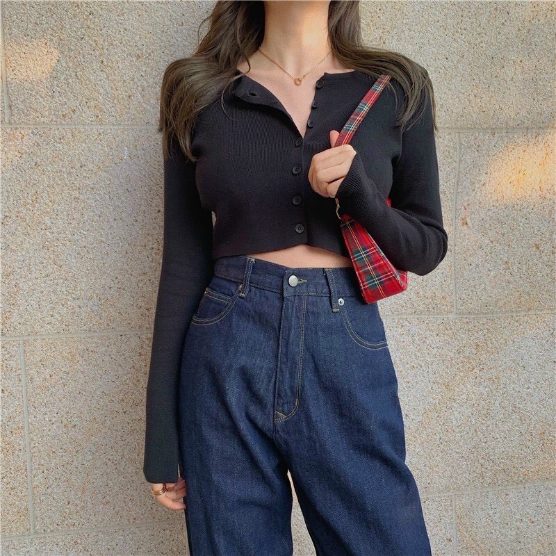 Áo croptop nữ dài tay có cúc kiểu Hàn Quốc / áo ngắn dáng ôm freesize