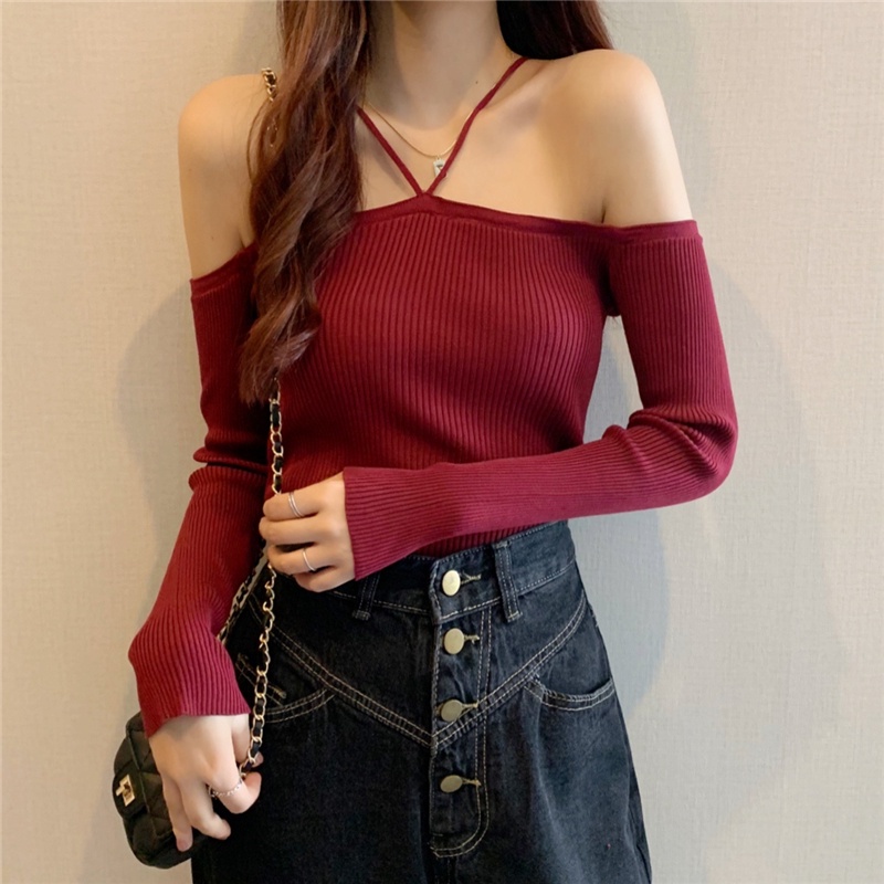 Áo croptop SUXI dệt kim tay dài trễ vai phong cách gợi cảm
