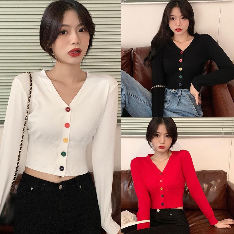 Áo Khoác Cardigan Dệt Kim Màu Trơn Phối Nút Xinh Xắn Cho Nữ