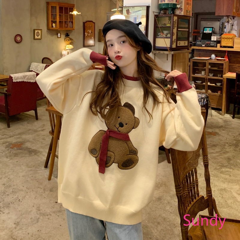 Áo sweater dài tay dáng rộng phong cách retro thời trang mùa đông cho nữ