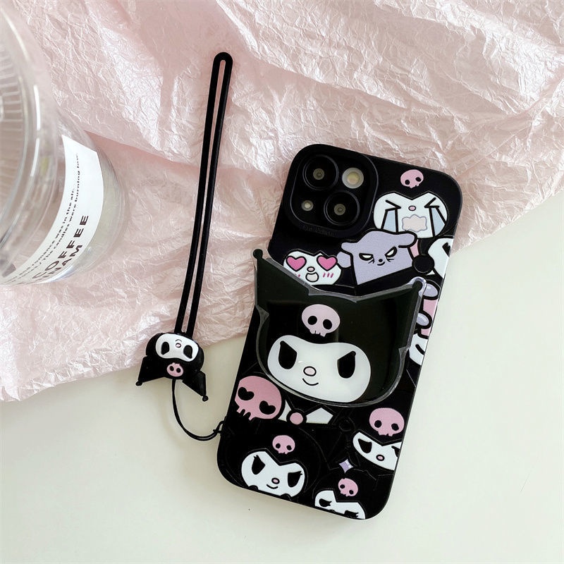 Ốp Điện Thoại Hình Kuromi Nhật Bản Màu Đen Đục Có Giá Đỡ Và Dây Đeo Cho iPhone 4 Trong 1 14 Pro Max 13 Promax 12 11 Xsmax Xr 7 8 Plus