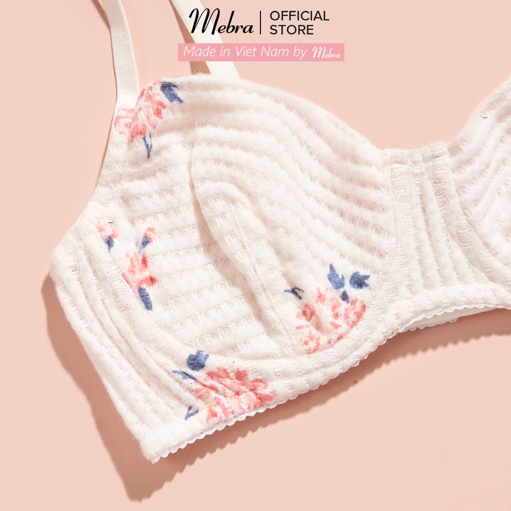 Bộ đồ lót nữ có gọng không đệm cotton 2 lớp thoáng khí kháng khuẩn màu be họa tiết hoa cup ngang Mebra S005
