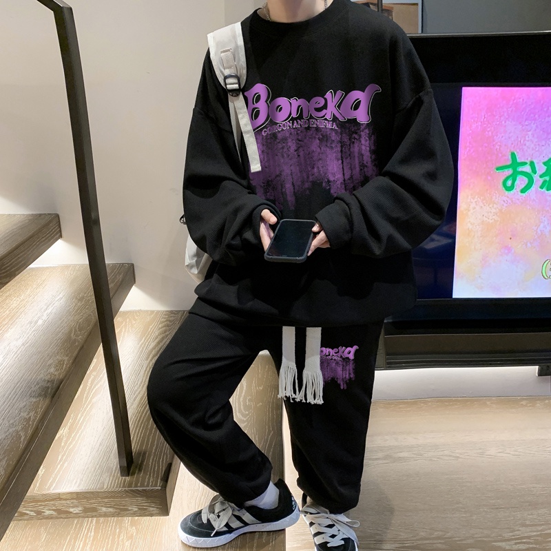 Ifnicefuture Mới Set Áo hoodie Dài Tay Cổ Tròn Dáng Rộng + Quần In Họa Tiết Thời Trang Cho Nam