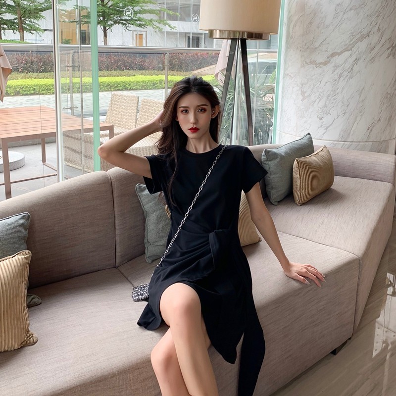 Casual Dress for Women Loose Dress Korean Dress for Women Black Dress Grey Cotton Dress Short Sleeve Midi Dresses for Women Koean Dress Woman Dress Irregularity T Shirt Dress