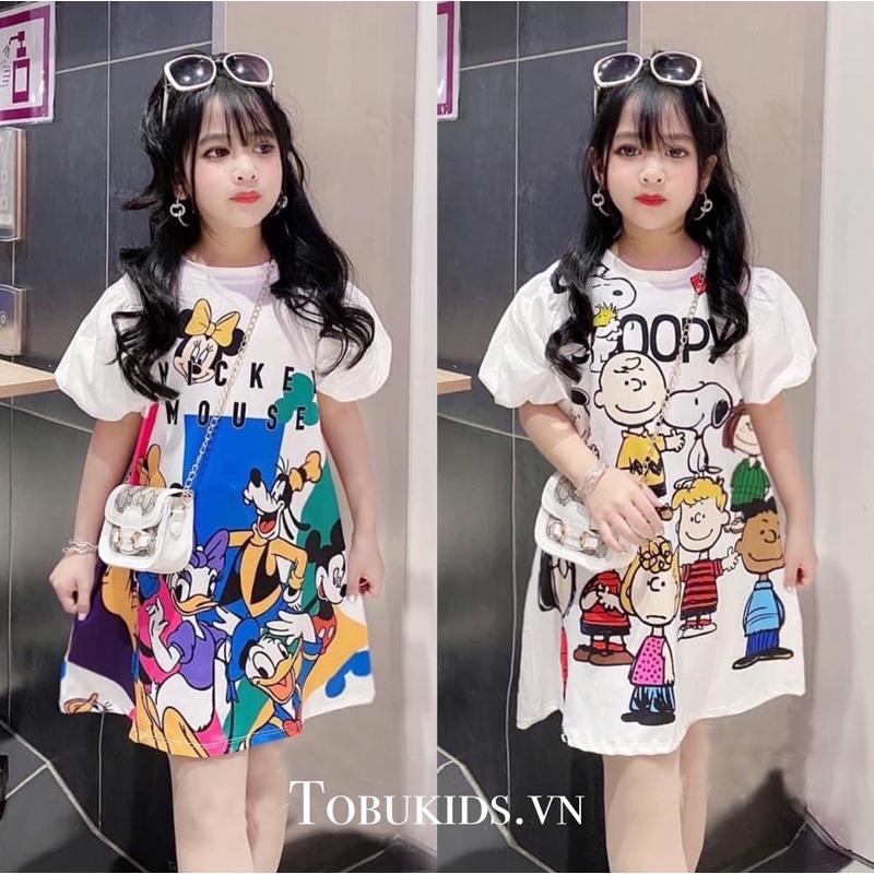 Váy Suông Hoạt Hình Mickey Snoopy Tay Bồng Dễ Thương Cho Bé Gái Size 8-32kg Kèm Ảnh Thật TB18