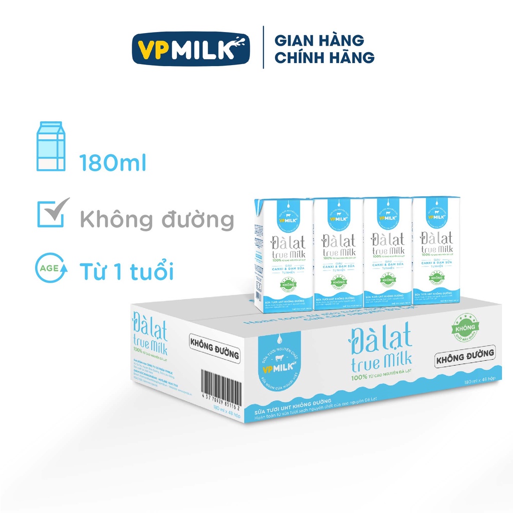 Thùng 48 hộp sữa tươi Đà Lạt True Milk 180ml