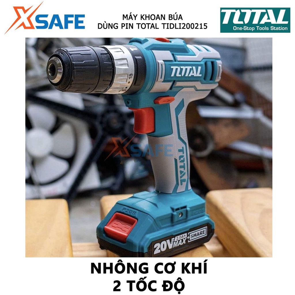 Máy khoan búa pin cầm tay 20V TOTAL TIDLI200215 nhông hai tốc độ 400-1500v/p, lực đập 22500v/p, kèm 2 pin 1 sạc - xsafe