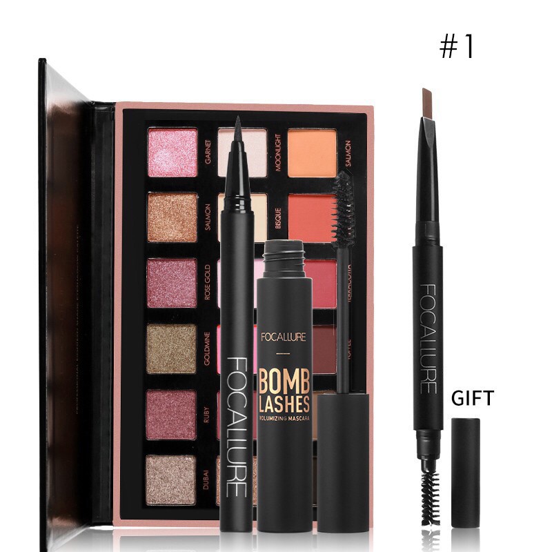 Bộ sản phẩm trang điểm FOCALLURE gồm bảng phấn mắt 18 màu + mascara + bút kẻ mắt 400g/1pcs