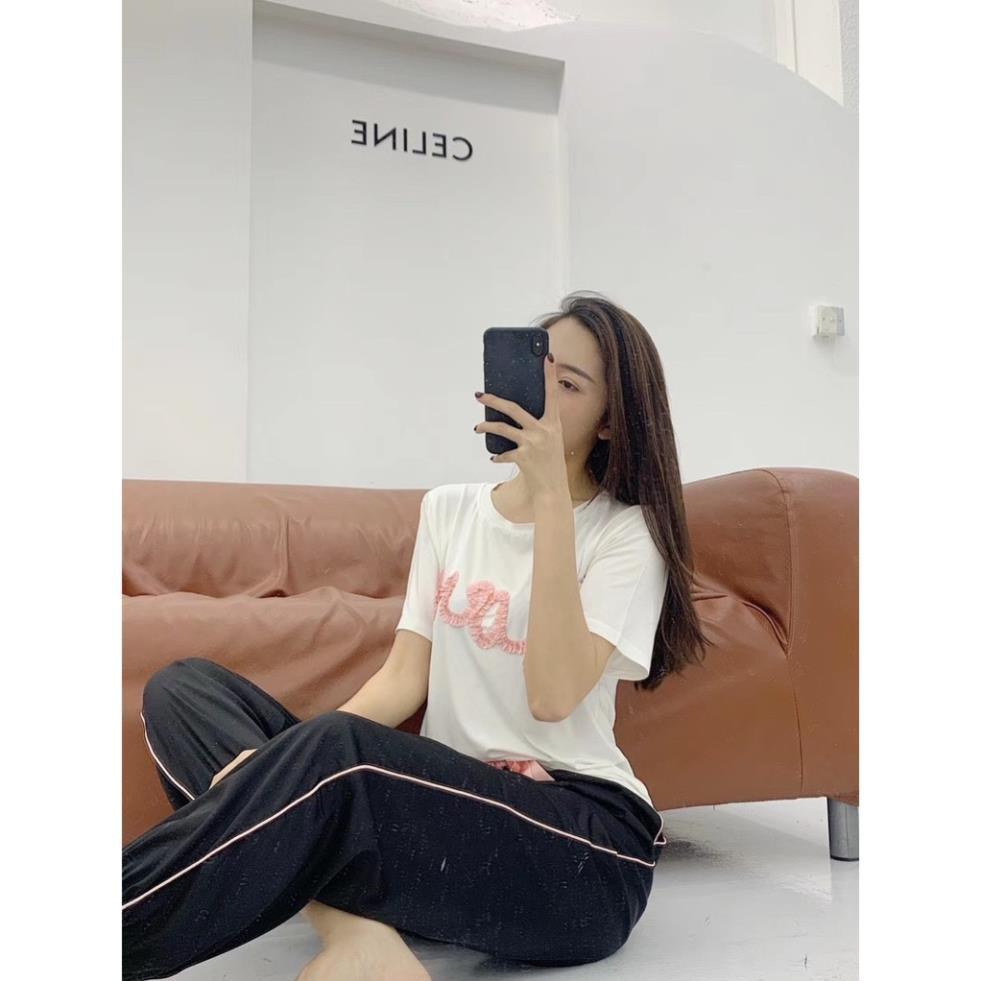 Bộ ngủ lụa Pizama quần dài áo cộc hoạ tiết chữ hàng cao cấp