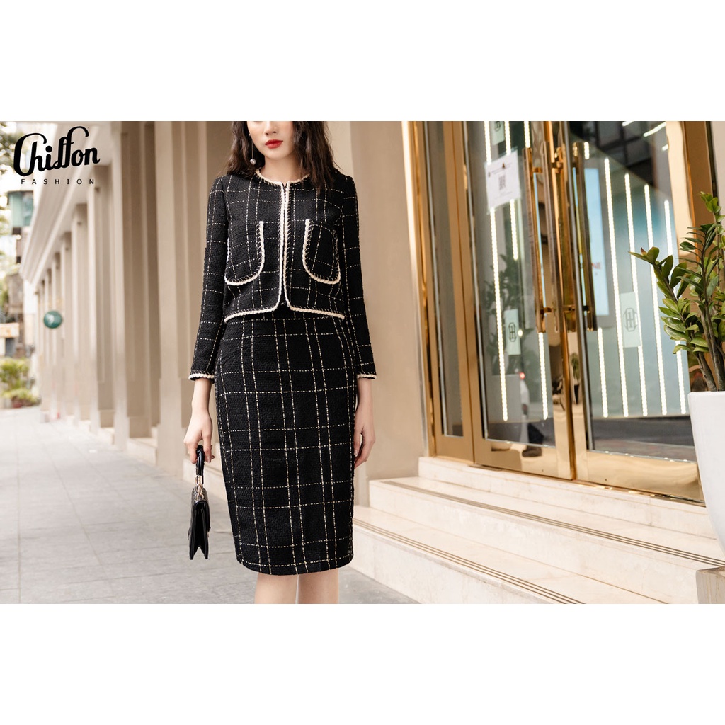 Chân váy bút chì dạ tweed, chân đầm công sở nữ hàng thiết kế by Chiffon | BigBuy360 - bigbuy360.vn