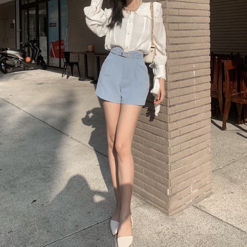 [100% GIỐNG ẢNH] Áo sơ mi cổ bánh bèo phối với quần short đơn giản thanh lịch theo phong cách Hàn Quốc | BigBuy360 - bigbuy360.vn