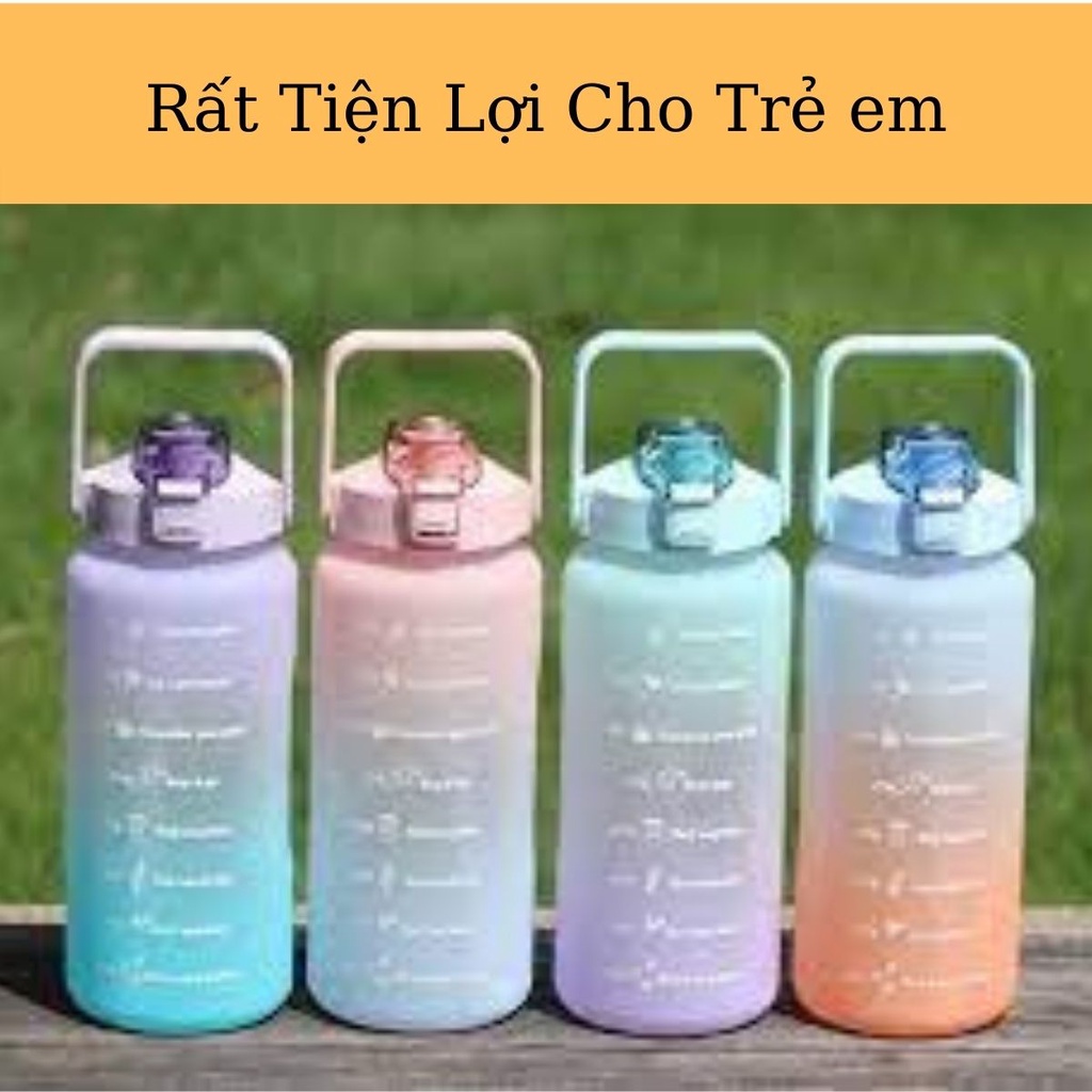 Bình Nước Chia Vạch Giờ Nhắc Uống Nước Dung Tích 2 Lít Có Ống Hút Nắm Chống Tràn
