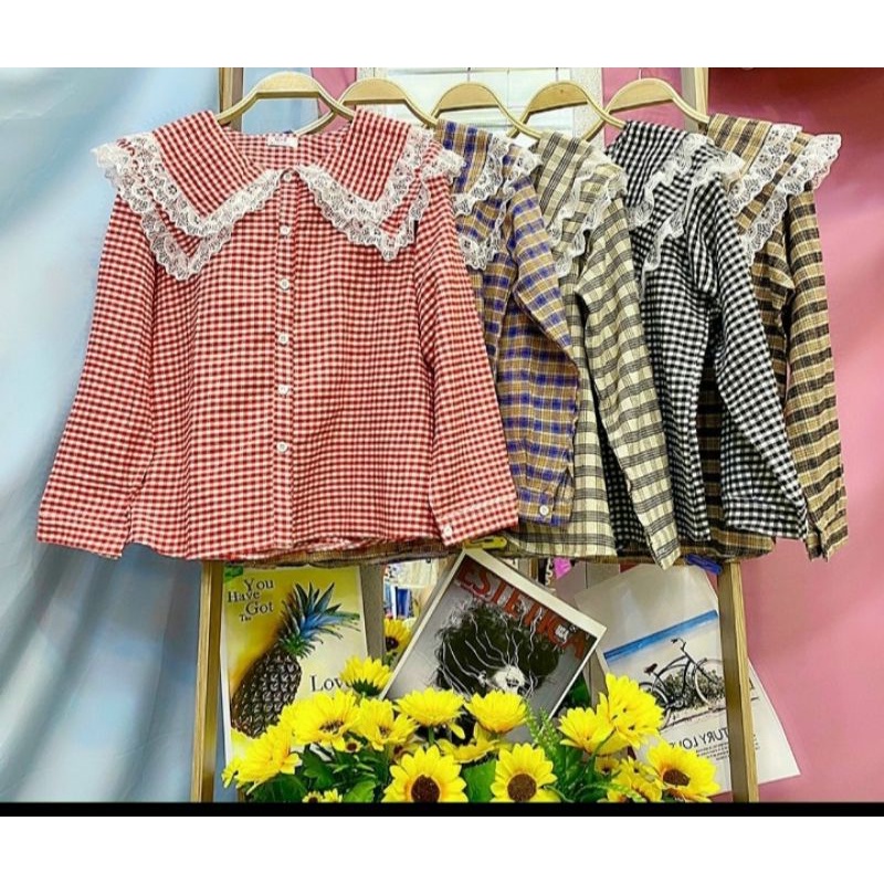 Áo sơ mi kẻ caro cổ 2 tầng bèo phối ren- dáng BABYDOLL MS267