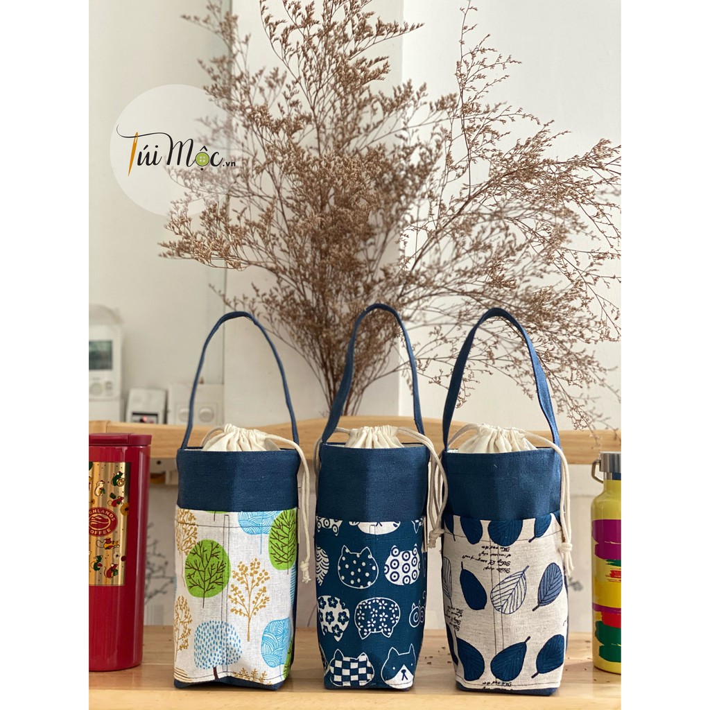 [NEW❤️] Túi đựng Ly/Bình GIỮ NHIỆT bằng vải Canvas DÀY màu Xanh NAVY - Mèo Chiêu Tài DỄ THƯƠNG!!!