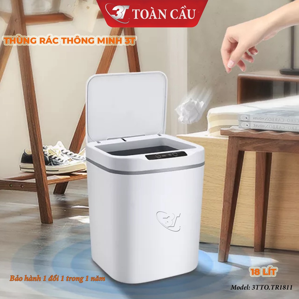 Thùng rác thông minh 18L Nguồn Sạc, 3 Chế Độ Mở Nắp Tự Động Bằng Cảm Biến Thông Minh, Nút Ấn Cảm Ứng