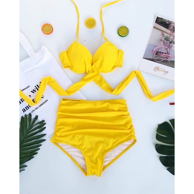 Bikini áo gọng chéo kèm quần lưng cao nhún hai mảnh