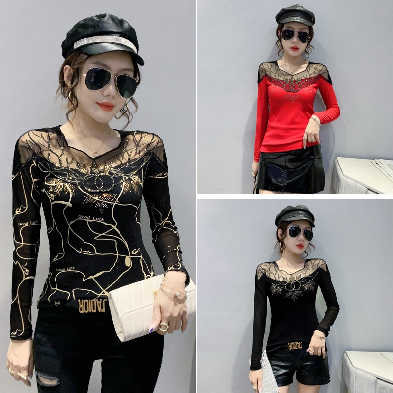 Áo Thun Tay Dài Phối Lưới Thiết Kế Mới Cho Phái Nữ áo lưới dài tay áo kiểu trễ vai