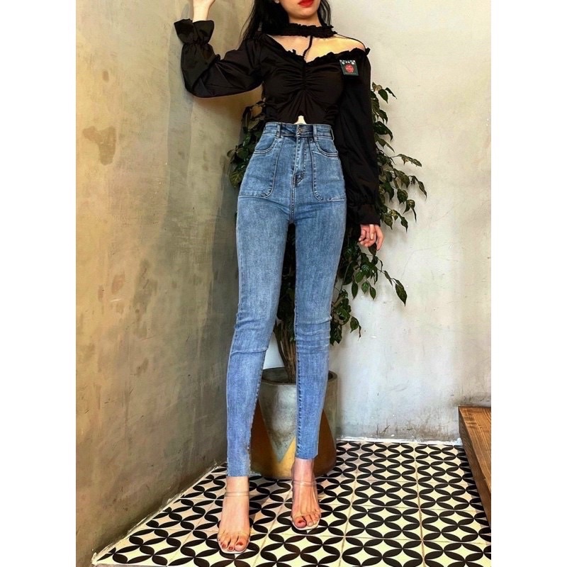 Quần jeans ôm body MÃ 55 lưng siêu cao nút kiểu, quần jean nữ, quần bò nữ lưng cao có túi - J20