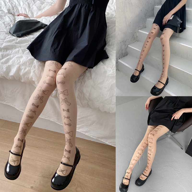 Xiangbao Quần Tất Lụa Trong Suốt In Họa Tiết Trái Tim Phong Cách Lolita Cho Nữ