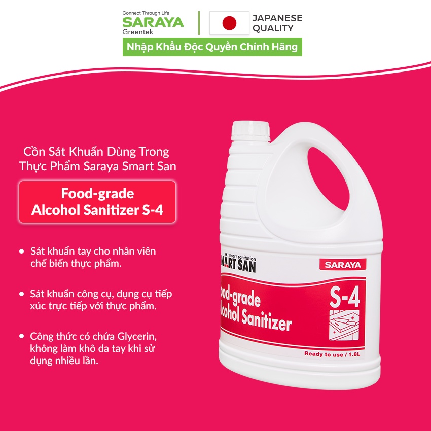 Cồn sát khuẩn Saraya Smart San Food Grade Alcohol Sanitizer S-4 (Dùng trong thực phẩm) - Can 1.8 Lít