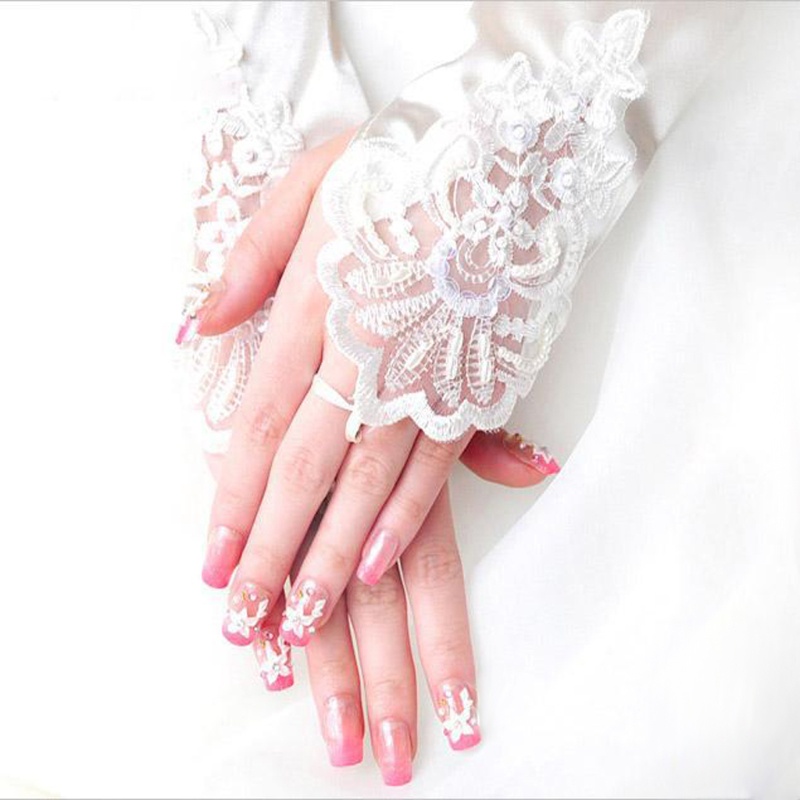 Găng Tay Dài Vải Satin Phối Ren Đính Hạt Dễ Thương Cho Cô Dâu