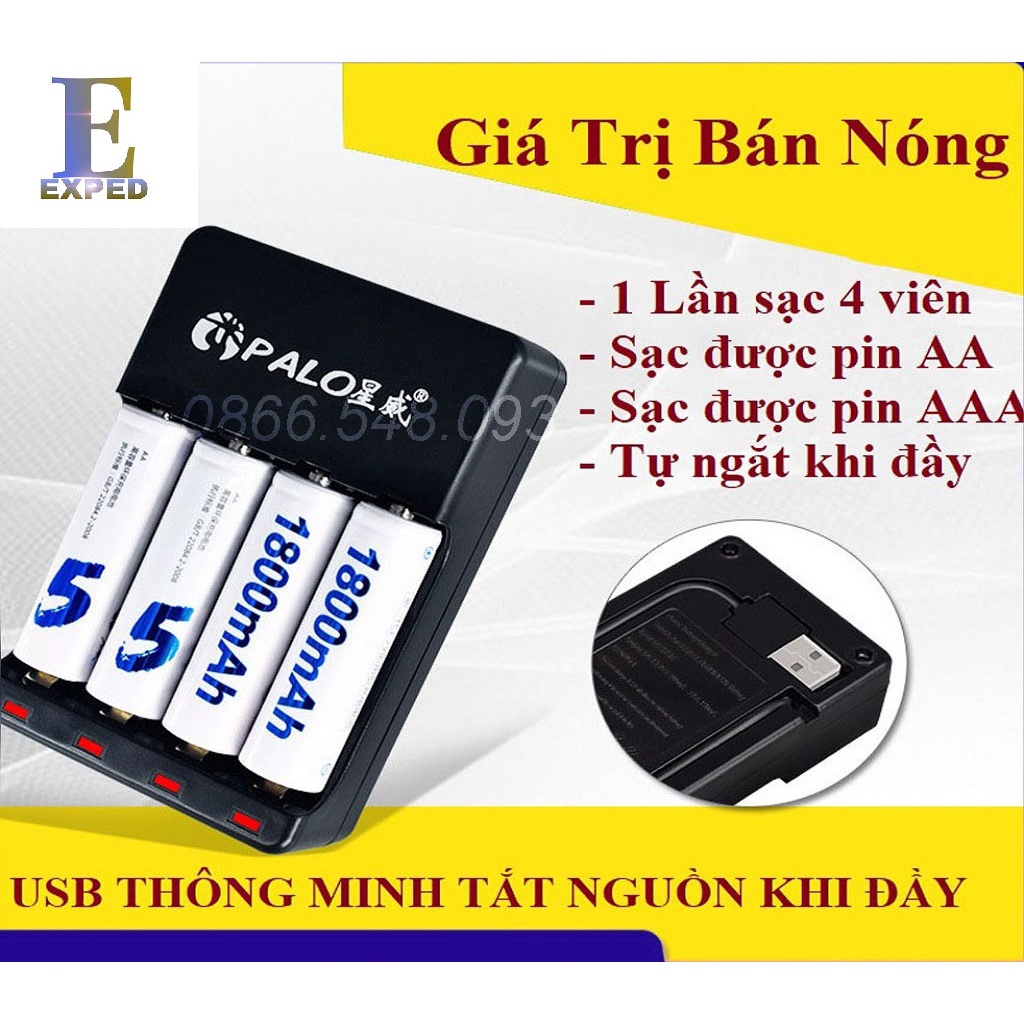 Bộ Sạc Pin Tự Ngắt Và 4 Pin Tiểu Sạc Palo AA 1800mAh Cho Xe điều khiển, Đồ chơi, Chuột Máy Tính