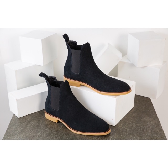 {sale hot }Giày cheasle boots đen da bò lộn sluxury