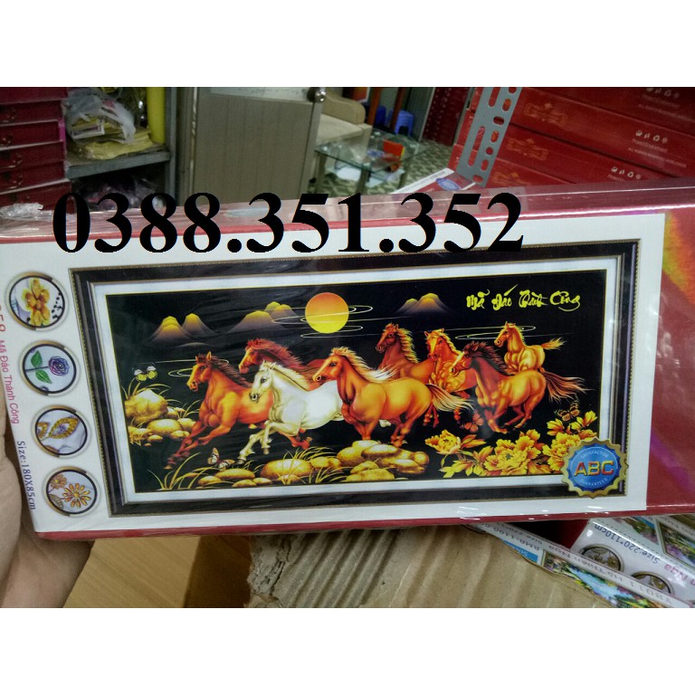Tranh đính đá + tranh thêu ngựa mã đáo thành công nền đen