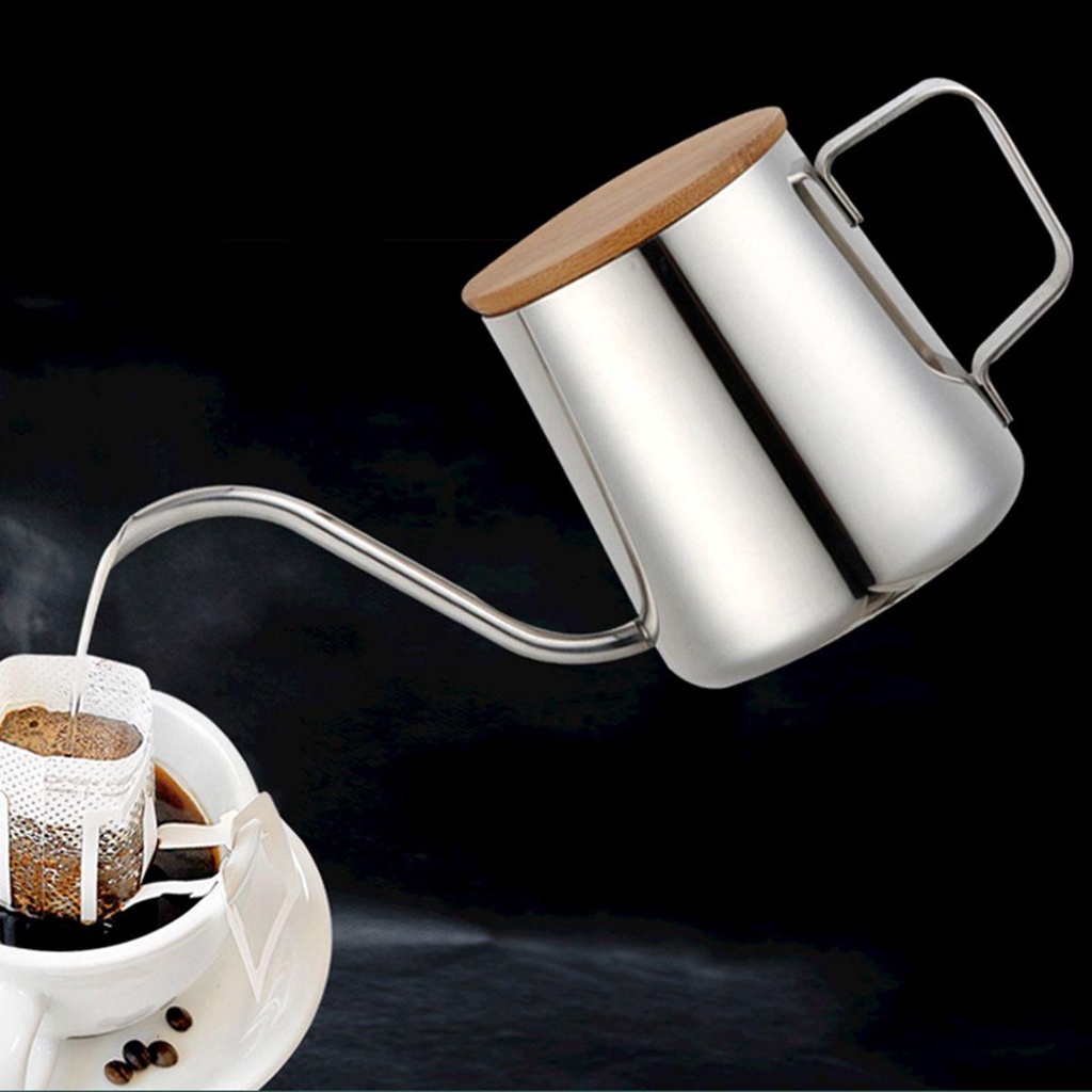 Bình Pha Cà Phê Bằng Thép Không Gỉ Cổ Ngỗng 350ml Có Tay Cầm Và Nắp Tre