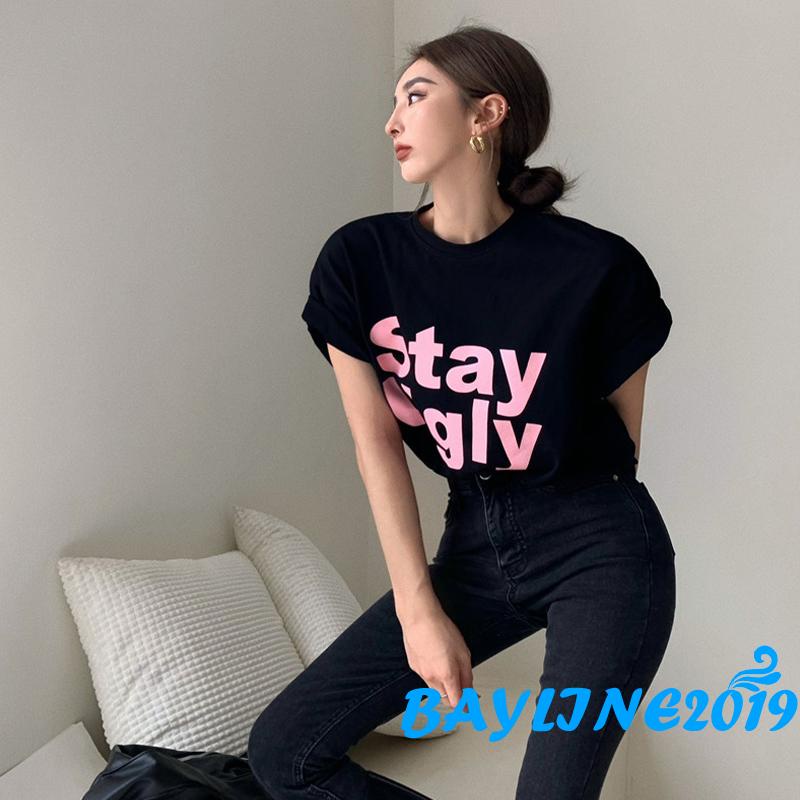 BAY-Women Short Sleeve T-shirts Letter Print Summer Loose Casual Pullover Tops Blouse Streetwear